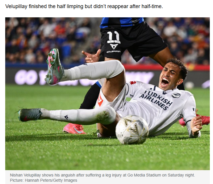 澳媒：韦卢皮莱小腿受伤出战成疑，预计朗格拉克也将继续缺席